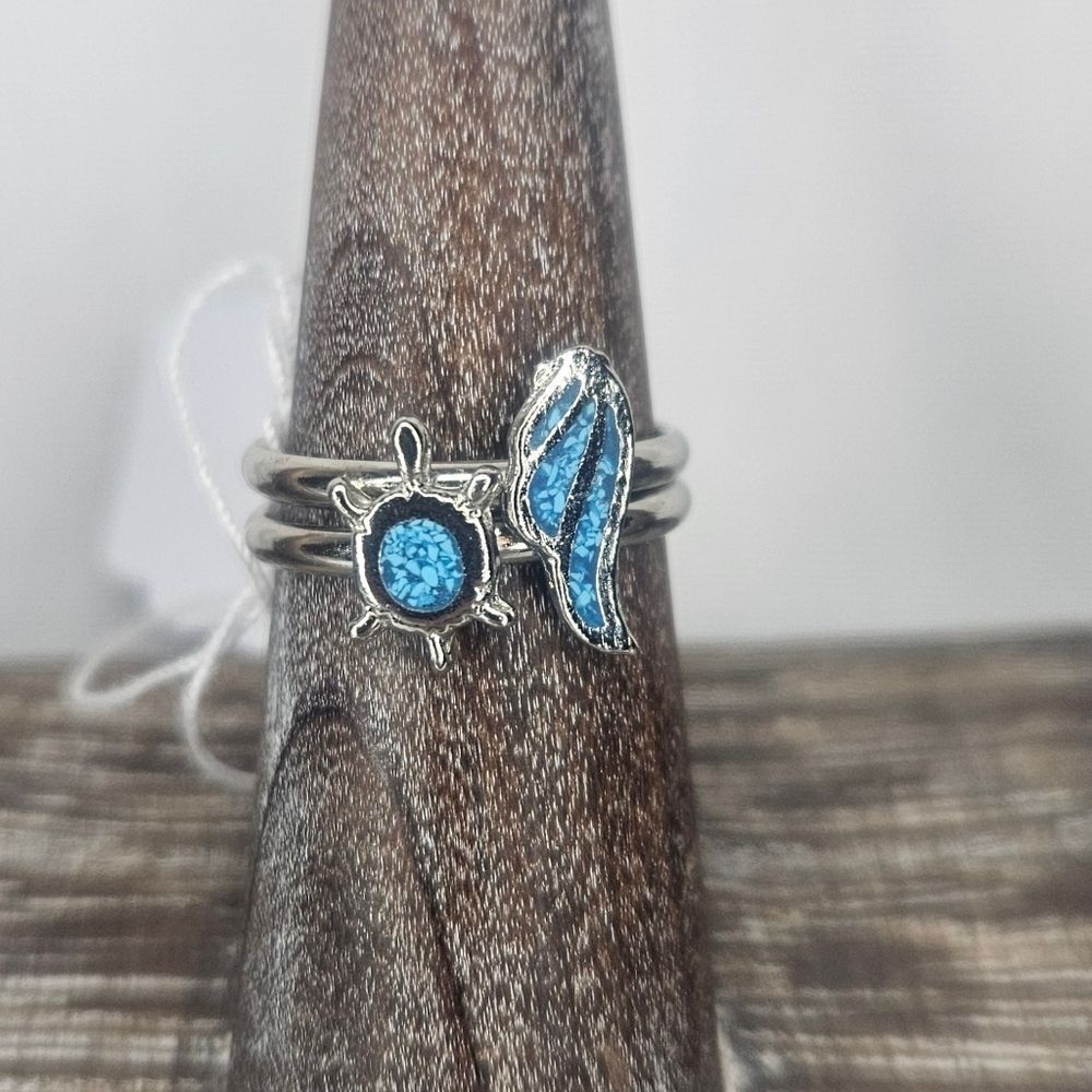 Vintage Turtle And Angel Wing Inlay Rings Set NWOT Sz 5.75